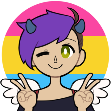 pixiv icon. person with buzzcut and purple bangs. green eyes, angel wings, and nubby horns. background pan flag.
